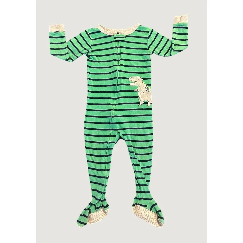 Carters Toddler 2T Green Striped Dinosaur Footed Pajamas 1508